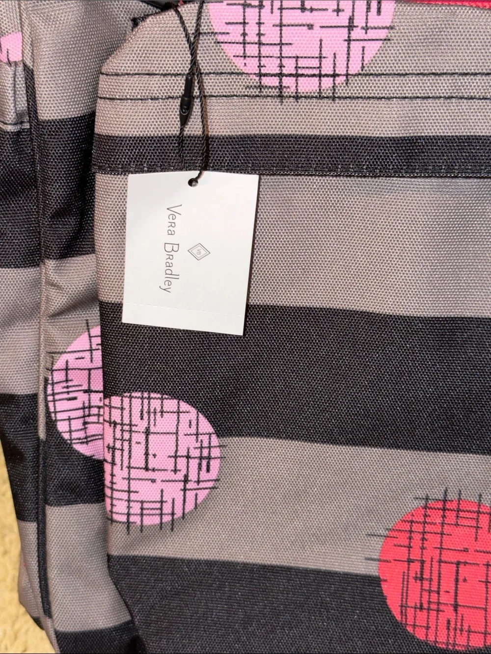 Vera Bradley Black & Gray Striped Backpack with Pink and Red Dot Pattern